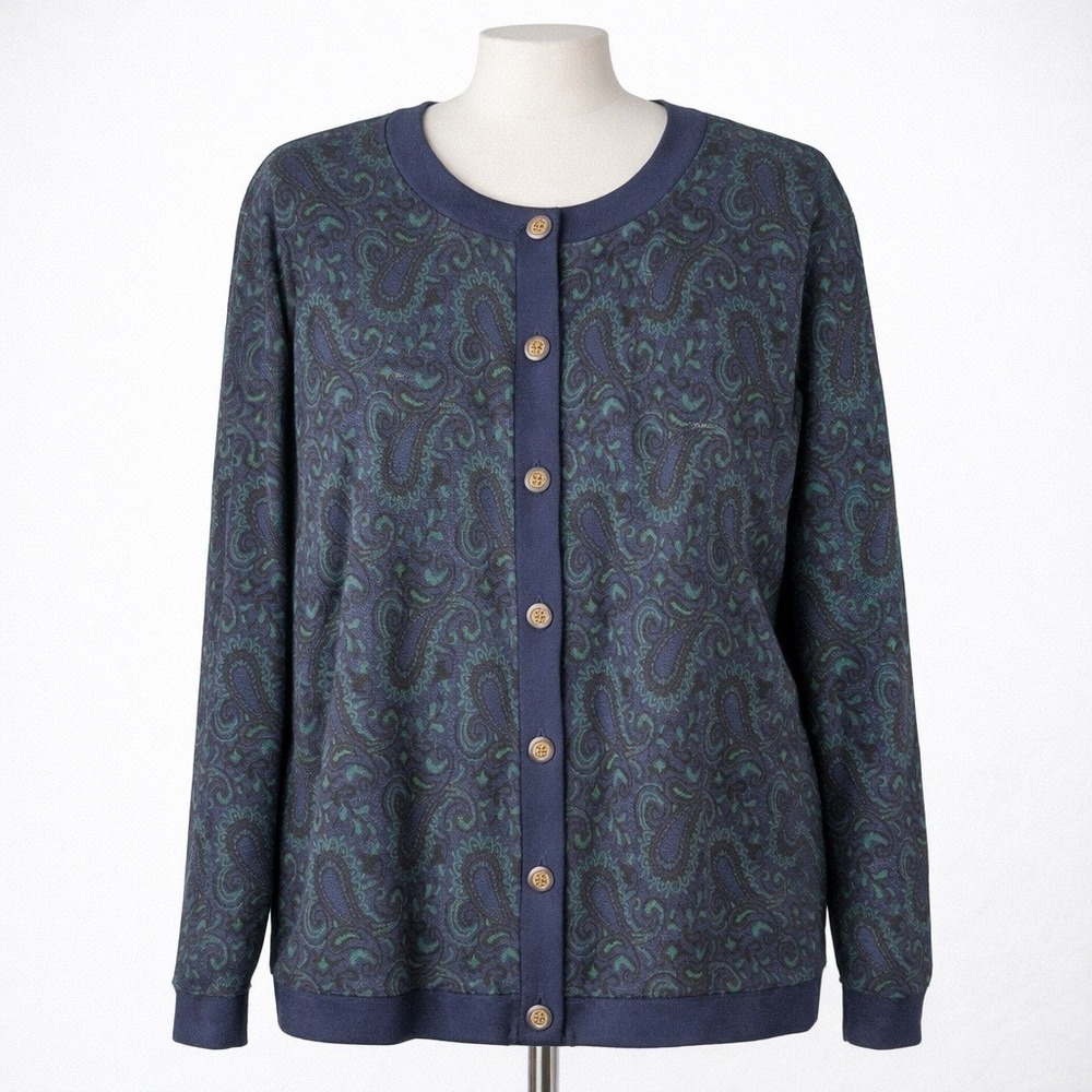 Vintage 90s Paisley Button Cardigan Size XL Blue Green Cottagecore Academia‎ Ivy